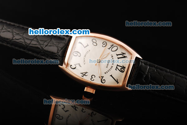 Franck Muller Casablanca Swiss ETA 2824 Automatic Movement Rose Gold Case with White Dial and Black Leather Strap - Click Image to Close